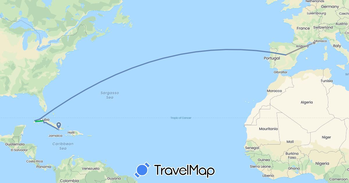 TravelMap itinerary: driving, bus, plane, cycling in Cuba, Spain, France (Europe, North America)